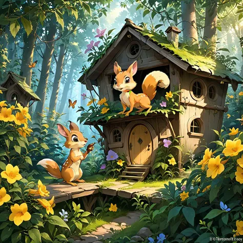 <lora:tecoma SDXL-000005:0.7>
best quality, masterpiece, master of epic, high quality, highres, (tecoma:1.6), flower, cabin in the woods, cartoon, 2D, deer, flower fairy, squirrel,