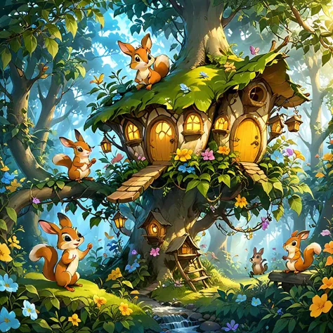 <lora:tecoma SDXL-000005:0.7>
best quality, masterpiece, master of epic, high quality, highres, (tecoma:1.6), flower, little tree house in the forest, cartoon, 2D, deer, flower fairy, squirrel,