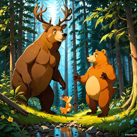 <lora:tecoma SDXL-000005:0.7>
best quality, masterpiece, master of epic, high quality, highres, tecoma, flower, movie, cabin in the woods, cartoon, 2D, bear, deer