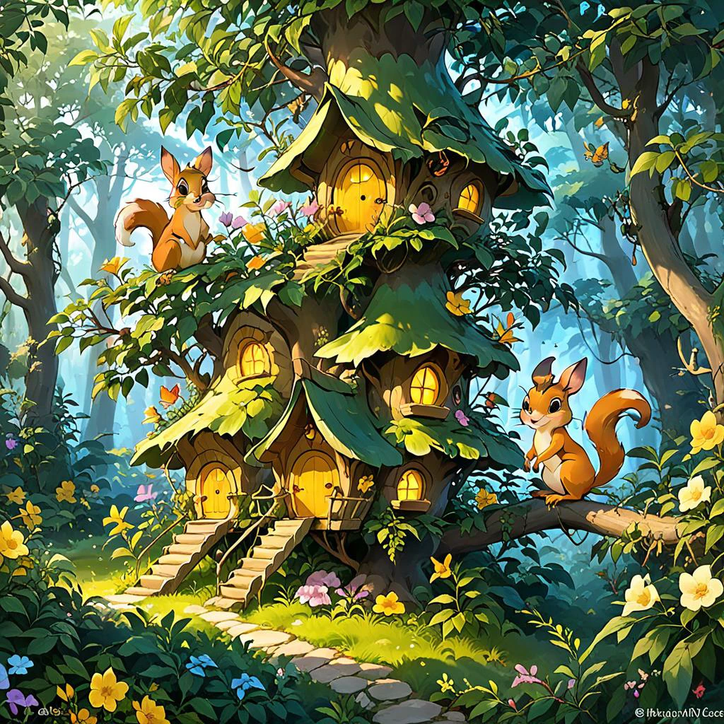 <lora:tecoma SDXL-000005:0.7>
best quality, masterpiece, master of epic, high quality, highres, (tecoma:1.6), flower, little tree house in the forest, cartoon, 2D, deer, flower fairy, squirrel,