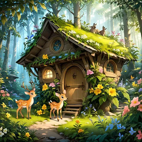 <lora:tecoma SDXL-000005:0.7>
best quality, masterpiece, master of epic, high quality, highres, tecoma, flower, cabin in the woods, cartoon, 2D, deer, flower fairy,