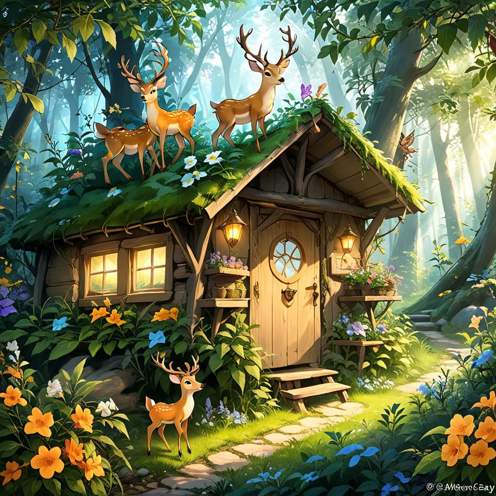 <lora:tecoma SDXL-000005:0.7>
best quality, masterpiece, master of epic, high quality, highres, (tecoma:1.6), flower, cabin in the woods, cartoon, 2D, deer, flower fairy,