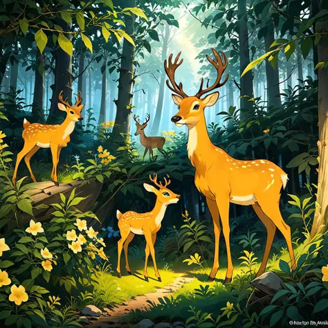 <lora:tecoma SDXL-000005:0.7>
best quality, masterpiece, master of epic, high quality, highres, tecoma, flower, cabin in the woods, cartoon, 2D, deer,