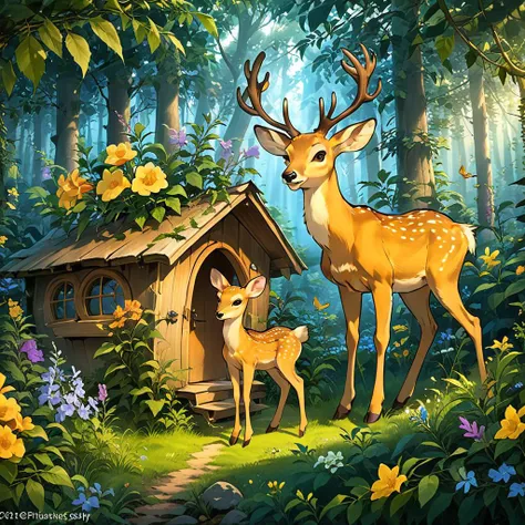 <lora:tecoma SDXL-000005:0.7>
best quality, masterpiece, master of epic, high quality, highres, (tecoma:1.6), flower, cabin in the woods, cartoon, 2D, deer, flower fairy,