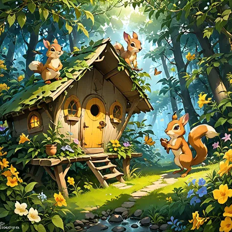 <lora:tecoma SDXL-000005:0.7>
best quality, masterpiece, master of epic, high quality, highres, (tecoma:1.6), flower, cabin in the woods, cartoon, 2D, deer, flower fairy, squirrel,