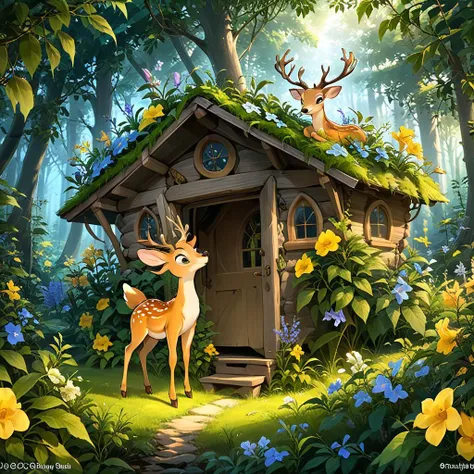 <lora:tecoma SDXL-000005:0.7>
best quality, masterpiece, master of epic, high quality, highres, tecoma, flower, cabin in the woods, cartoon, 2D, deer, flower fairy,