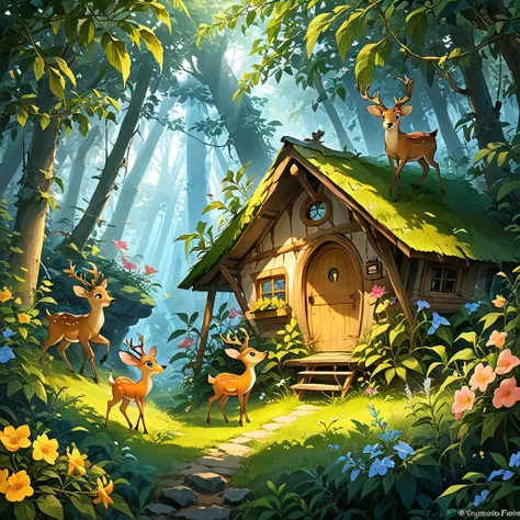 <lora:tecoma SDXL-000005:0.7>
best quality, masterpiece, master of epic, high quality, highres, (tecoma:1.6), flower, cabin in the woods, cartoon, 2D, deer, flower fairy,