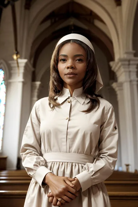 candaceowens, a woman, nun dress, in a church, holy light <lora:candaceowens:1>