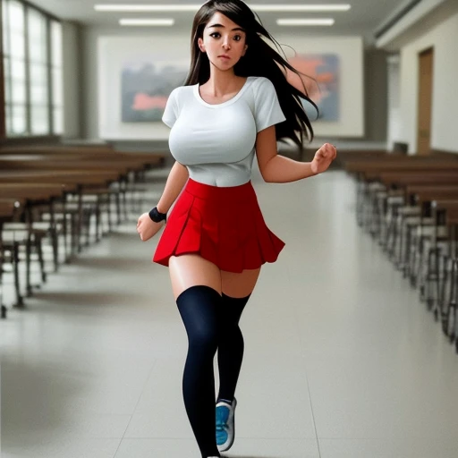 full shot photo of a college girl running down the crowded hall to class, massive breasts, flushed skin, short skirt, knee high socks, photorealism, 8k octane, cinematic, fine brush strokes, art trending on artstation, hi res, erotic, soft, sharp focus, interesting angle