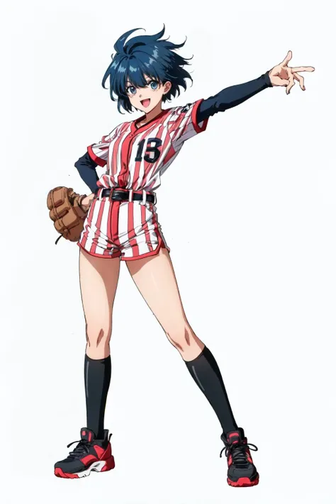 1girl,kiyokomitarai,blue hair,full body,looking at viewer, <lora:KiyokoMitarai:0.9>,striped,sportswear,baseball uniform,layered sleeves,baseball glove,baseball mitt,belt,vertical stripes,shoes,socks,kneehighs,standing,facing viewer,happy,:d,((arms at sides,lowered arms:1.3)),((outdoors,on athletic field)), <lora:LORA-XenoDetailer-v2:0.1>