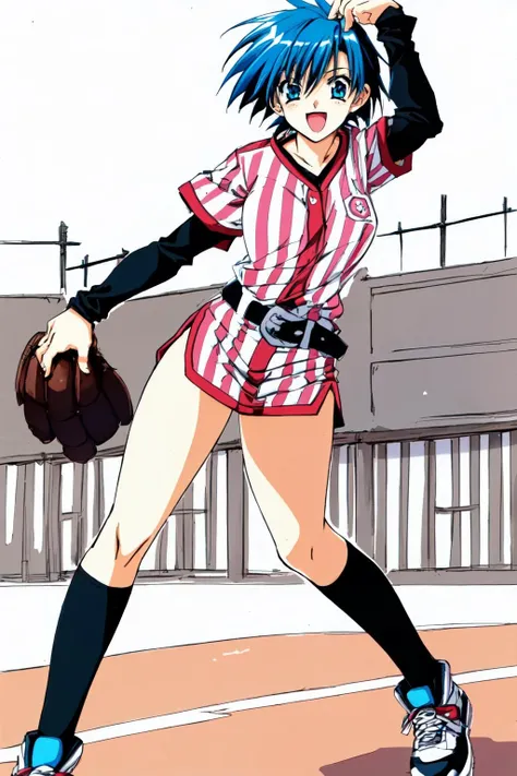 1girl,kiyokomitarai,blue hair,very short hair,full body,looking at viewer, <lora:KiyokoMitarai:0.8>,striped,sportswear,baseball uniform,layered sleeves,long sleeves,jersey,belt,vertical stripes,shoes,socks,kneehighs,standing,facing viewer,happy,:d,((arms at sides,lowered arms:1.3)),((outdoors,on athletic field)), <lora:LORA-XenoDetailer-v2:0.1>