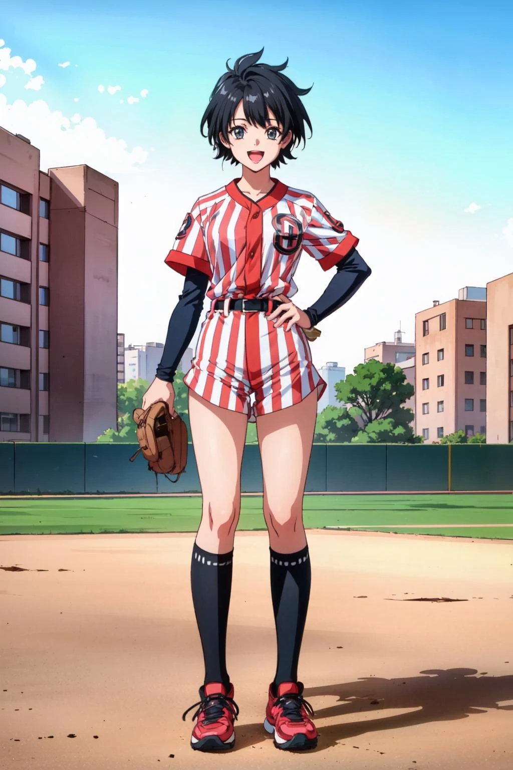 1girl,kiyokomitarai,full body,looking at viewer, <lora:KiyokoMitarai:0.8>,striped,baseball uniform,jersey,layered sleeves,shoes,socks,kneehighs,standing,facing viewer,happy,:d,((outdoors,on athletic field))
