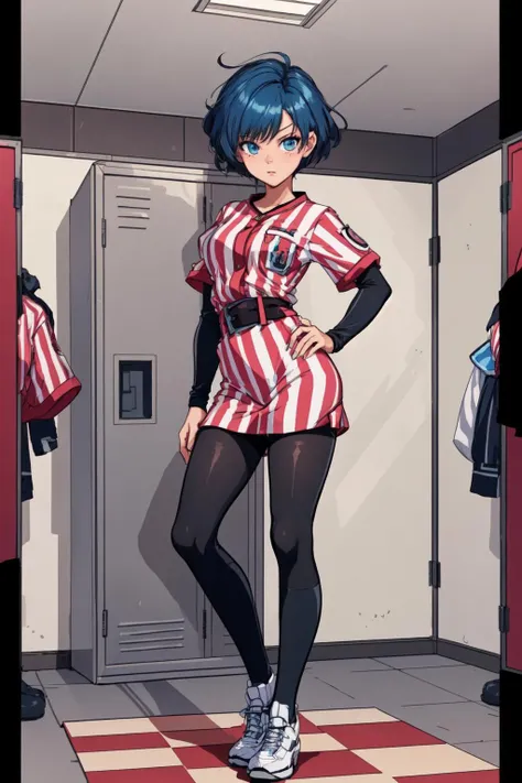 (masterpiece,best quality),1girl,kiyokomitarai,blue hair,very short hair,full body,looking at viewer, <lora:KiyokoMitarai:0.8>,striped,sportswear,baseball uniform,layered sleeves,jersey,belt,vertical stripes,shoes,socks,(pantyhose),kneehighs,(standing stiffly at attention,arms at sides,straight on:1.2), <lora:LORA-XenoDetailer-v2:0.1>,(indoors,in locker room)