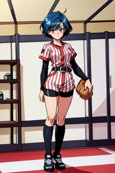 1girl,kiyokomitarai,blue hair,very short hair,full body,looking at viewer, <lora:KiyokoMitarai:0.8>,striped,sportswear,baseball uniform,layered sleeves,long sleeves,jersey,belt,vertical stripes,shoes,socks,pantyhose,bike shorts,kneehighs,(standing stiffly at attention,arms at sides,straight on:1.2), <lora:LORA-XenoDetailer-v2:0.1>,(indoors,in locker room)