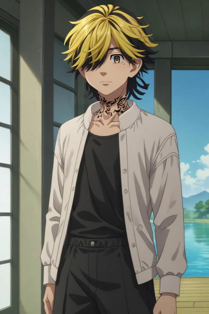 score_9, score_8_up, score_7_up, source_anime, rating_safe, intricate details, anime screencap, anime coloring, official style, , , 1boy, solo, male focus, <lora:kazutora_hanemiya_pony:1>, kazutora_hanemiya, blonde hair, yellow eyes, short hair, multicolored hair, two-tone hair, black hair, hair over one eye, bangs, tattoo, neck tattoo, , full body, lake, indoors, jumping, heart eyes, , <lora:sdxl_lightning_8step_lora:1>