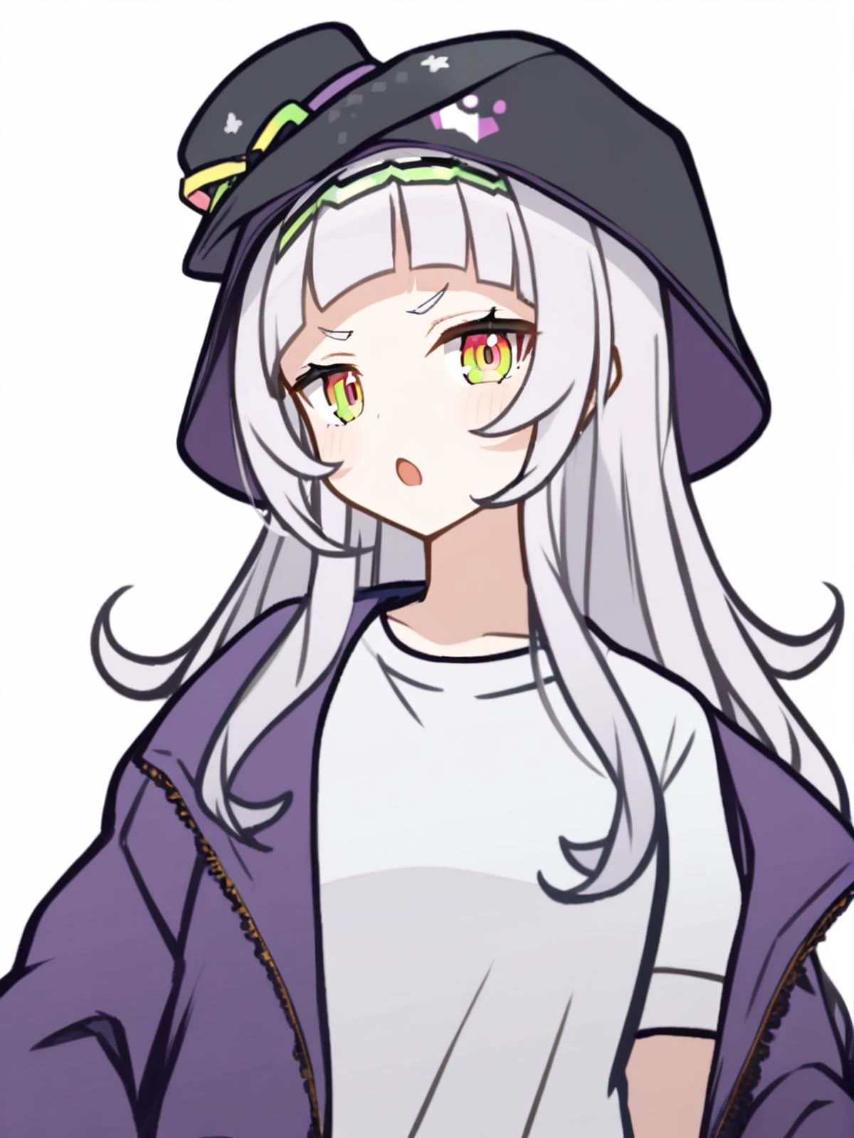 1girl,
murasaki shion, hololive,
solo, white background, hat, virtual youtuber, simple background, bow, open mouth, looking at viewer, long hair, shirt, alternate costume, grey hair, jacket, white shirt, yellow eyes, black hat,
safe
<lora:mki-ani31-GenshinPV-v2-000012:1>