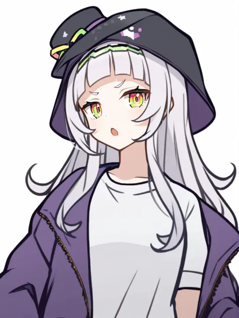 1girl, 
murasaki shion, ho****ve, 
solo, white background, hat, virtual youtuber, simple background, bow, open mouth, looking at viewer, long hair, shirt, alternate costume, grey hair, jacket, white shirt, yellow eyes, black hat, 
  safe
 <lora:mki-ani31-GenshinPV-v2-000012:1>