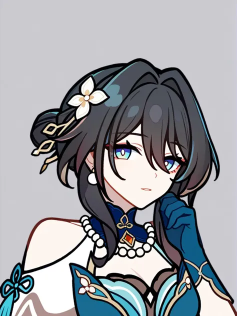 1girl, 
ruan mei \(honkai: star rail\),  
solo, blue gloves, bare shoulders, black hair, hair bun, earrings, detached collar, jewelry, parted lips, upper body, long hair, necklace, simple background, dress, blue eyes, looking at viewer, grey background, gloves, 
  safe
 <lora:mki-ani31-GenshinPV-v2-000012:1>