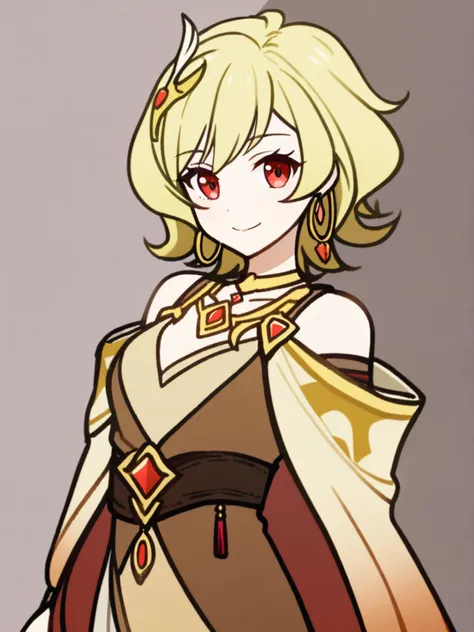 1girl, 
citrinne \(fire emblem\), fire emblem, 
solo, short hair, smile, hoop earrings, mismatched earrings, necklace, dress, gold trim, blonde hair, jewelry, brown dress, earrings, leather wrist straps, looking at viewer, red eyes, 
  safe
 <lora:mki-ani31-GenshinPV-v2-000012:1>