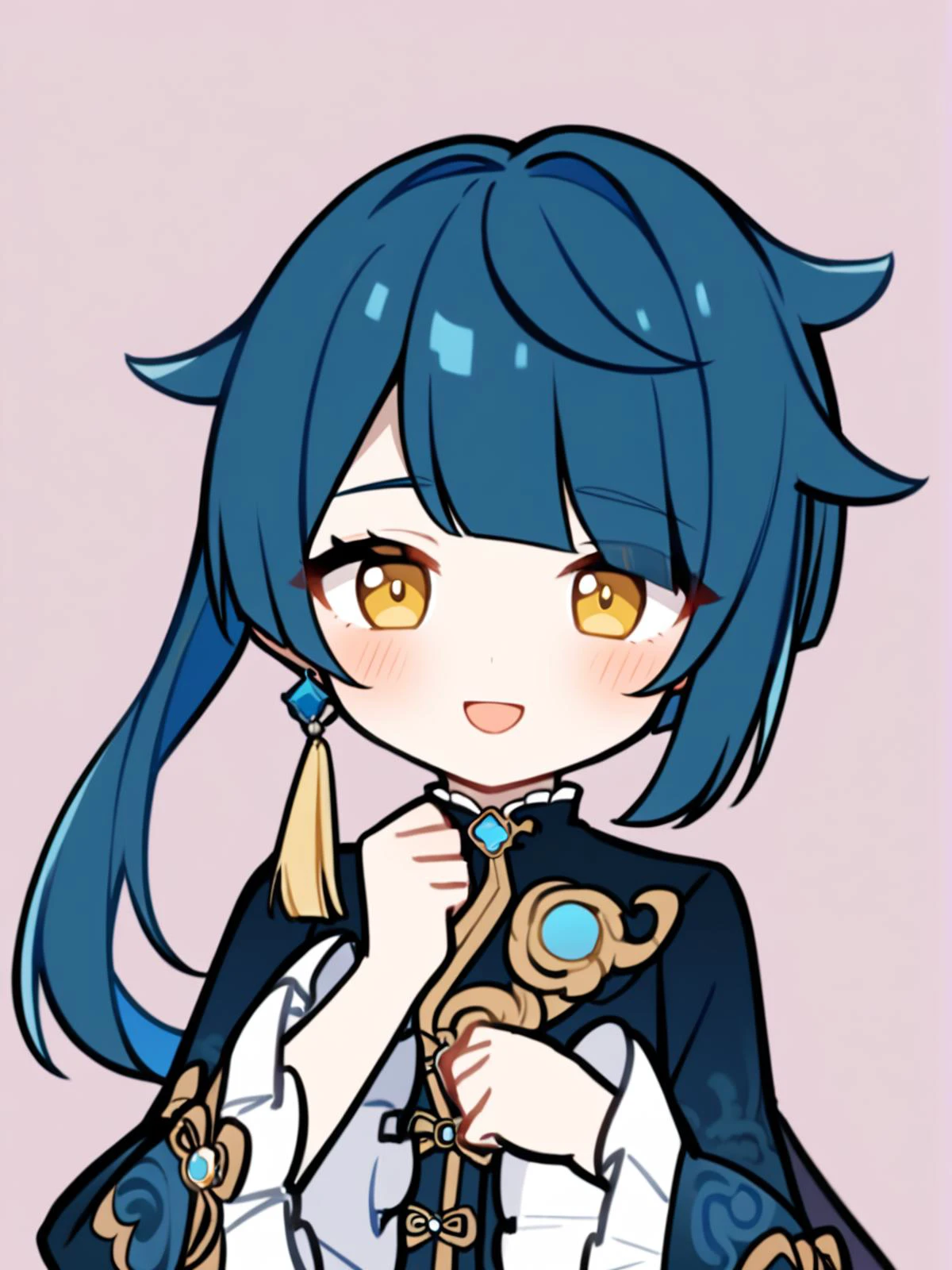 1girl,
xingqiu \(genshin impact\),
solo, genderswap \(mtf\), blush, blue hair, smile, yellow eyes, looking at viewer, jewelry, genderswap, single earring, long hair, long sleeves, frills, open mouth, chinese clothes, frilled sleeves, earrings, simple background,
safe
<lora:mki-ani31-GenshinPV-v2-000012:1>
