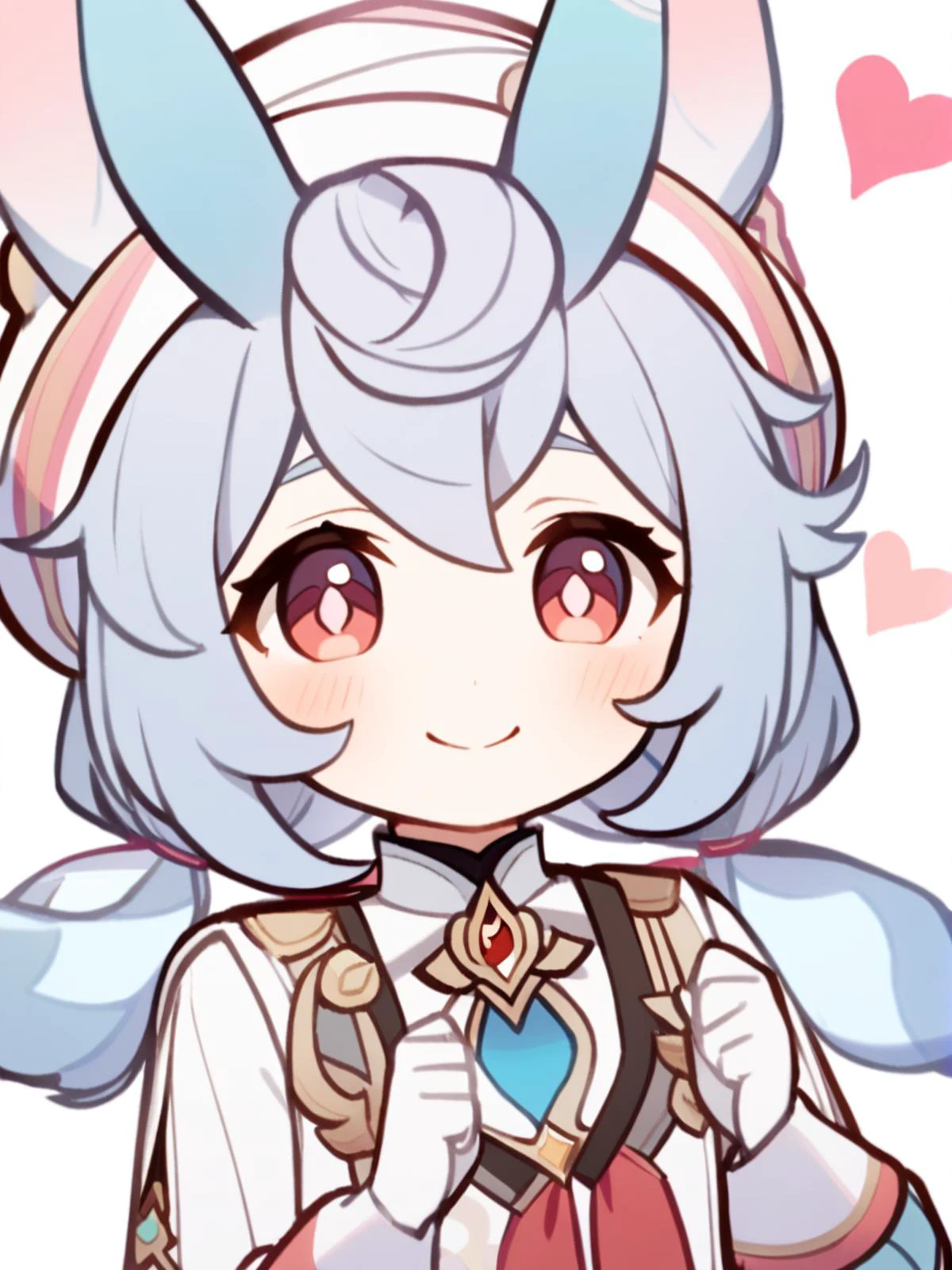 1girl,
sigewinne \(genshin impact\),
solo, smile, twintails, gloves, heart, simple background, pink eyes, long sleeves, blush, closed mouth, animal ears, looking at viewer, white gloves, low twintails, hat, grey hair, upper body, white background, long hair,
safe
<lora:mki-ani31-GenshinPV-v2-000012:1>