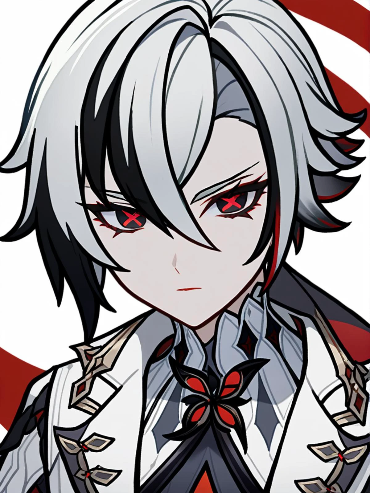 1girl,
arlecchino \(genshin impact\),
solo, red eyes, short hair, white background, shirt, jacket, long sleeves, white jacket, hair between eyes, upper body, grey hair, black hair, simple background, streaked hair, multicolored hair, looking at viewer, black shirt,
safe
<lora:mki-ani31-GenshinPV-v2-000012:1>