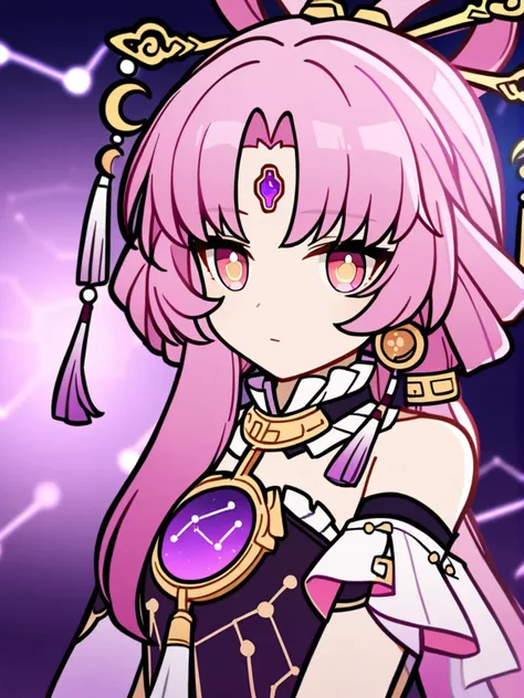 1girl, 
fu xuan \(honkai: star rail\),  
solo, pink eyes, jewelry, tassel, choker, bow-shaped hair, upper body, bare shoulders, forehead jewel, hair stick, constellation print, long hair, constellation, low twintails, twintails, earrings, pink hair, 
  safe
 <lora:mki-ani31-GenshinPV-v2-000012:1>