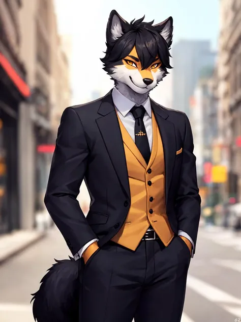(furry art, uploaded on e621:1.3), 1boy, (solo_focus), (male) (furry:1.4) anthro, (upper body:1.3), (hands in pockets:1.1), on street, detailed face, detailed eyes, detailed fluffy fur, fluffy tail, seductive pose, fancy pants, (business suit, yellow vest:0.9), digital painting, natural lighting, photorealistic, (smug face), smiling (cocky), steampunk, (bokeh:1.18)