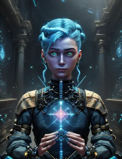 ((best quality)), ((masterpiece)), ((realistic,digital art)), (hyper detailed), Dj1nnm4g1c female Data Hijackers, Biomechanical Hackers, Expert hackers merged with biotechnology, wired into cyberspace, Aging gracefully, Compact, Scandinavian, Green eyes,  Roman Nose,   Soft Cheeks, Symmetrical Forehead,   , Pastel Blue Updo hairstyle hair, Puzzlement, AR Interaction, Character gestures with one hand in front of them, as if manipulating augmented reality objects,  wearing Chambray Holo-Mesh Pants, Coral Pink  Embroidered Tech-Mesh Camisole, , ,  and and andQuantum-linked Choker , Haptic Feedback Interaction, Character touches fingertips together in front of them, simulating tactile interaction with virtual objects, fantasy, magic, whimsical, fairytale, octane rendering, raytracing, volumetric lighting, Backlit,Rim Lighting, 8K, HDR,  <lora:Dj1nnm4g1c-000008:1>