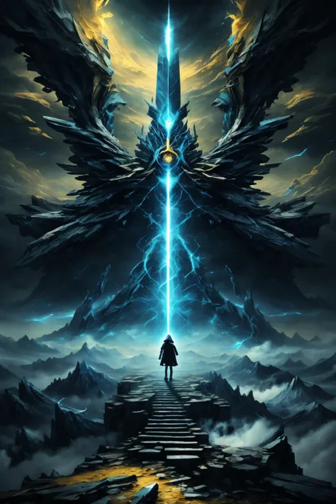 ((best quality)), ((masterpiece)), ((realistic,digital art)), (hyper detailed), Dj1nnm4g1c grimory, Anime girl standing on a rock looking, chaotic and harmonic elements to represent the duality between chaos and harmony, The dark background evokes the darkness of chaos, enquanto elementos como chamas ardentes, cracks and thorns symbolize disorder and turbulence, No entanto, surgem elementos de harmonia, like trees, flowers and birds, that represent the beauty and balance found even in the most chaotic situations, subtle details and an unfolding spiral symbol represent the journey from disorder to harmony4K, Anime Art Wallpaper 4K, octane rendering, raytracing, volumetric lighting, Backlit,Rim Lighting, 8K, HDR, <lora:Dj1nnm4g1c-000008:1>