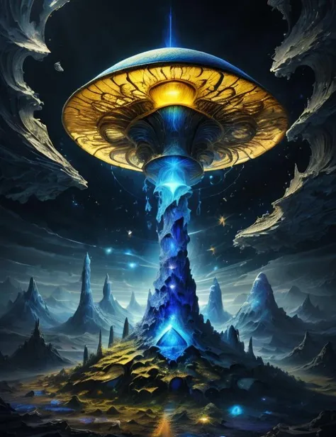 ((best quality)), ((masterpiece)), ((realistic,digital art)), (hyper detailed), Dj1nnm4g1c Diarylide Yellow Vast Convex Spongy mushroom, Slender, Nutrient Sharing, Oasis, Scattered, Terre Verte Runcinate Gills, Remnant Volva, Pearl White Slightly Tapered and Flaring Base, Poisonous essence, , octane rendering, raytracing, volumetric lighting, Backlit,Rim Lighting, 8K, HDR, <lora:Dj1nnm4g1c-000008:1>