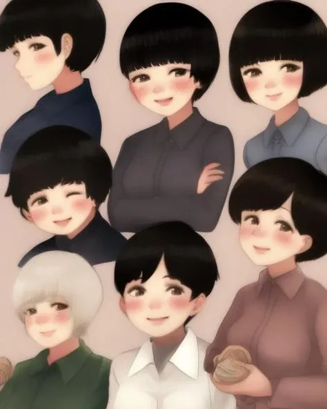 <lora:1940s_comic:0.7>, looking at viewer, blush, smile, short hair, open mouth, bangs, black hair, long sleeves, mature woman, hat, brown eyes, closed mouth, work pants, kappougi, monpe