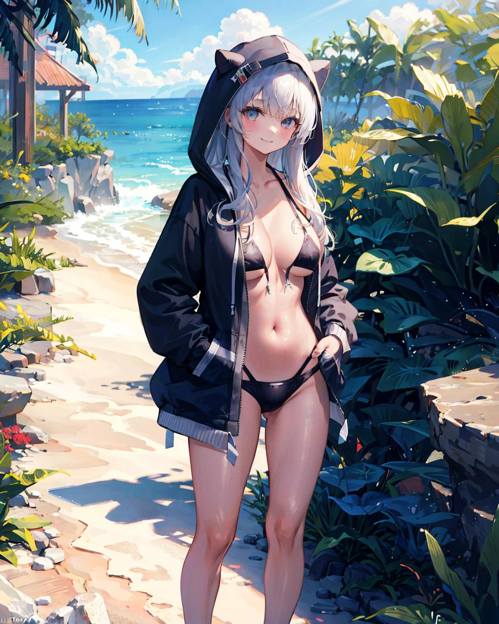 large breasts,1girl,utbikini, <lora:UntiedBikiniV1[utbikini]-05:1>, long_hair, hoodie,black bikini,(standing),light smile, closed mouth, outdoors,navel, hand in pocket,