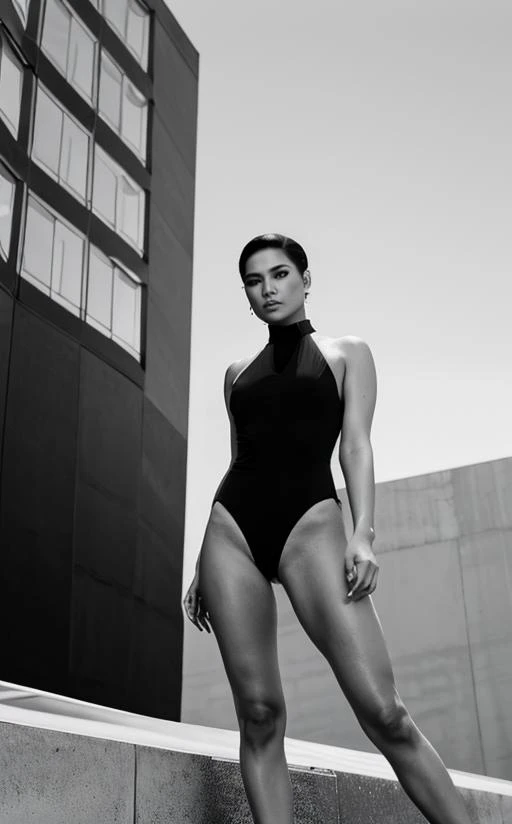 black and white portrait photography of isabel, brown eyes, makeup, hair slicked back, black hair, bangs, slender athletic body, abs, high-cut one-piece swimsuit, hands on hip, glamorous and sexy, view from below, city, vogue, inspired by mirror's edge <lora:isabelkruger-10ME:1>