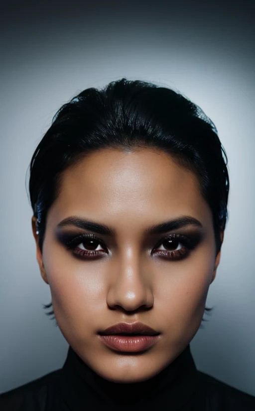 fashion photography, portrait, isabel, brown eyes, black hair, short hair slicked back, minimalist holographic background <lora:isabelkrugerMEC-08:1>