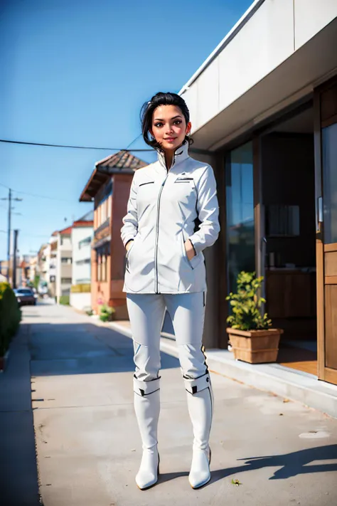 isabel, brown eyes, black hair, hair slicked back, small breasts, white jacket, white pants, white boots, looking at viewer, smiling, standing, full body shot, outside, building room, cityscape, sunny, blue sky, high quality, masterpiece, <lora:isabelkrugerMEC:.8>