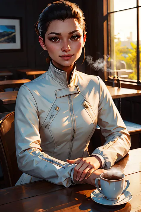isabel, brown eyes, black hair, hair slicked back, small breasts, white suit, jacket, long sleeves, looking at viewer, serious, smiling, sitting, upper body shot, behind a table, inside cozy cafe, holding coffee mug, steam, soft lighting, high quality, masterpiece, <lora:isabelkrugerMEC:.8>