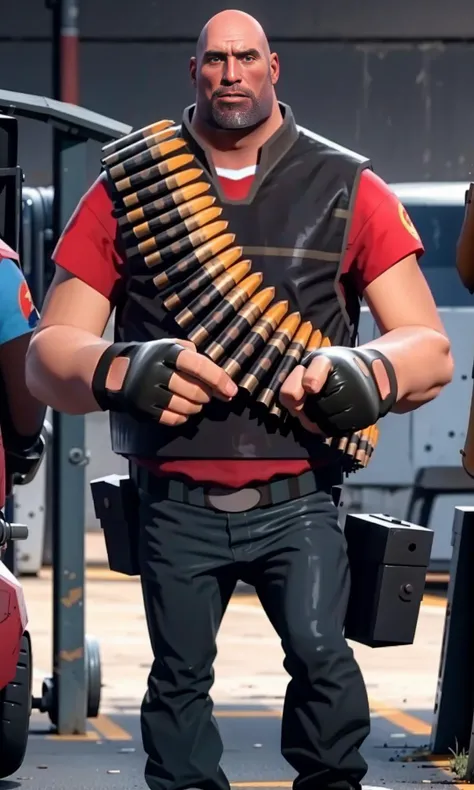(best quality, masterpiece:1.2), (realistic, photo realistic:1.3), UHD, high detail color photo, extremely detailed CG unity 8k wallpaper, sharp focus, (realistic skin), perfect anatomy, perfect hands, (cinematic lighting), half-length portrait ,
tf2heavy, red team, bald, blue eyes, vest, red shirt, bandolier, gloves, full body, detailed background, outdoors, looking at viewer, <lora:heavylorav1:1>