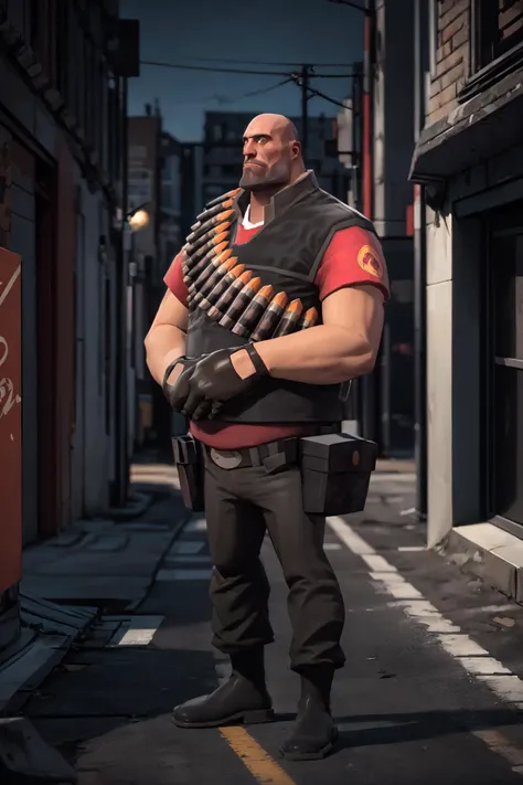 masterpiece, high quality, best quality, half-length portrait , tf2heavy, redteam, bald, blue eyes, vest, red shirt, bandolier, gloves, full body, detailed background, outdoors, looking at viewer, <lora:heavylorav1:1>