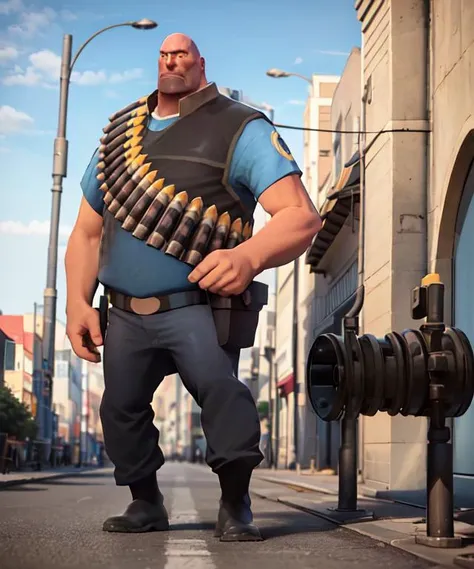 masterpiece, high quality, best quality, full-length portrait , tf2heavy, bluteam, bald, blue eyes, bandolier, ammunition belt, full body, detailed background, outdoors, looking at viewer,  <lora:heavylorav1:1>