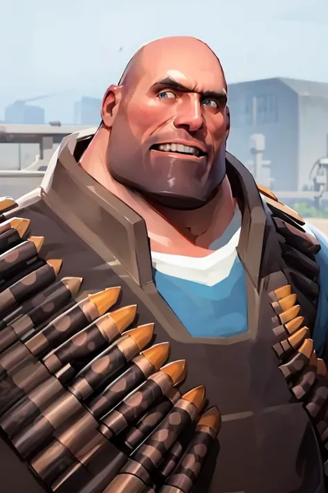 masterpiece, high quality, best quality, half-length portrait , tf2heavy, bluteam, bald, blue eyes, bandolier, ammunition belt, upper body, detailed background, outdoors, looking at viewer, smiling, <lora:heavylorav1:1>