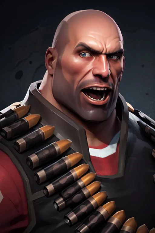 masterpiece, high quality, best quality, half body, portrait , tf2heavy, redteam, bald, blue eyes, vest, bandolier, red shirt, gloves, detailed background, looking at viewer, open mouth, <lora:heavylorav1:0.8>