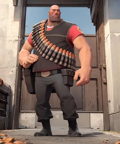 masterpiece, high quality, best quality, full-length portrait , tf2heavy, redteam, bald, blue eyes, bandolier, ammunition belt, full body, detailed background, outdoors, looking at viewer, <lora:heavylorav1:1>