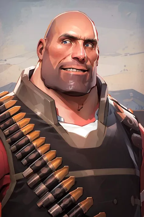 masterpiece, high quality, best quality, half-length portrait , tf2heavy, redteam, bald, blue eyes, bandolier, ammunition belt, upper body, detailed background, outdoors, looking at viewer, smiling, <lora:heavylorav1:1>