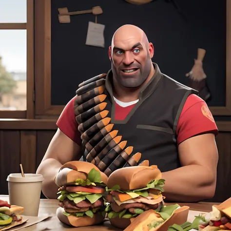 masterpiece, high quality,8k, a photo of heavy, bald, red shirt, vest, bandolier around body, eating a sandwich, sitting behind a table full of sandwiches,looking at camera, happy, <lora:heavylorav1:.8>, extreme detail, fcDetailPortrait