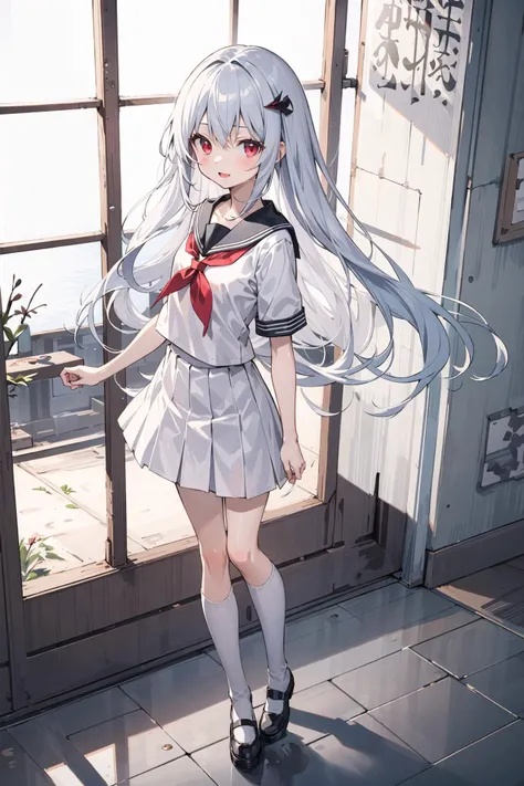(((masterpiece))), best quality, illustration, ((young teenage girl)), light white long hair, beautiful detailed red eyes, ((white serafuku)), short-sleeved, (((cute))), ((cute face)), full body, solo focus, standing, happy, small breasts, baby face