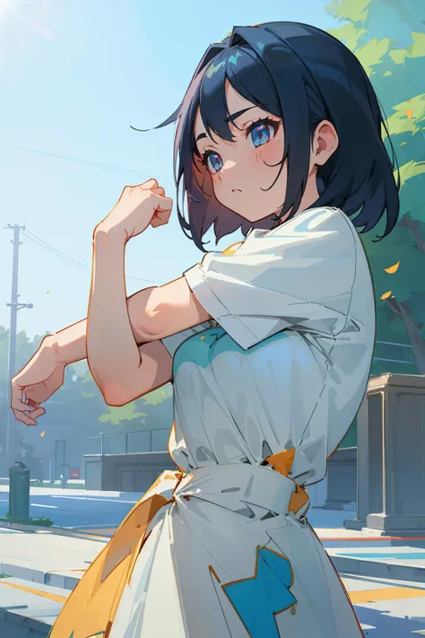 (masterpiece:1.4), (best quality:1.4), (high resolution:1.4), cartoon style, LuanLoud <lora:LuanLoud:0.8>, smile, brown hair, pale skin, cowboy shot, white shirt, yellow mini skirt, looking at viewer, detailed face, detailed eyes, small breasts, curvy, ribbon, ponytail, buckteet, artstation female body, from the front,  dynamic pose, solo, 1girl, perfect hands <lora:add_detail:0.7>