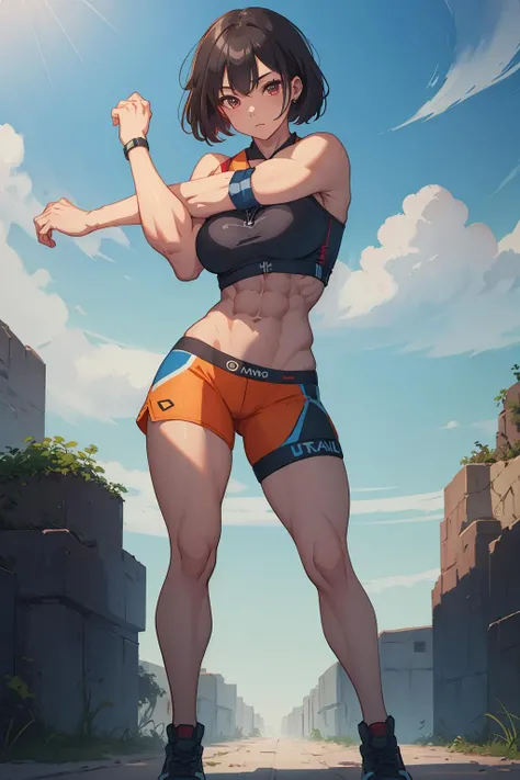 ((((ultra illustrated style:1.0)))),best quality,best animated,masterpiece,ray tracing, global illumination,stretching, left,1girl, solo, outdoors, muscular,abs <lora:left,stretching-000005:0.7>