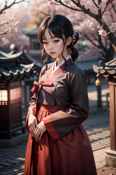 1 Korean girl , tie hair , black hair ,wearing Korean Traditional red cloth ,  Khanbok , standing by the cherry blossom garden , autumn , cinematic light , ((bokeh)), rim light ,smile,
 <lora:Khanbok_V.8:1>