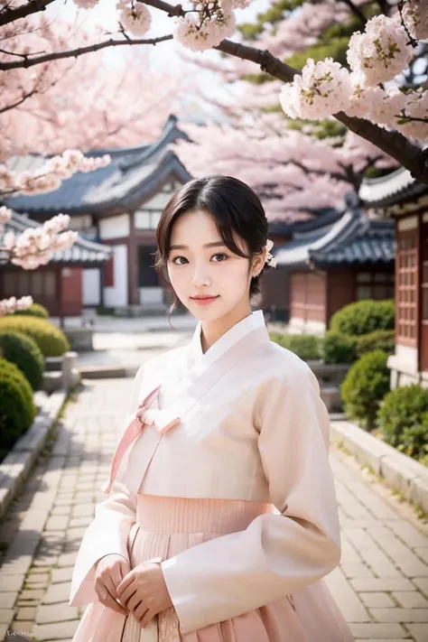 1 Korean girl , tie hair , black hair ,wearing Korean Traditional white cloth , Khanbok , standing by the cherry blossom garden , autumn , cinematic light , ((bokeh)), rim light ,smile,
<lora:Khanbok_V.8:1>